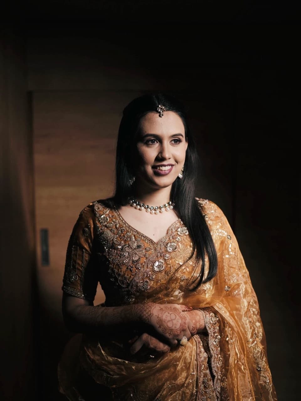 Kanjeevaram Earthy Tone — Kanjeevaram brown — sculpted cheekbones, nude velvet pout.